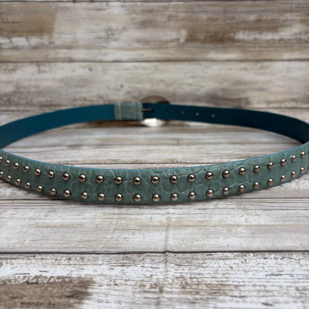 IZOD Leather Belt Sz XL Blue Studded Embossed Western Boho Cowgirl 36” Rodeo Y2K - Picture 8 of 12